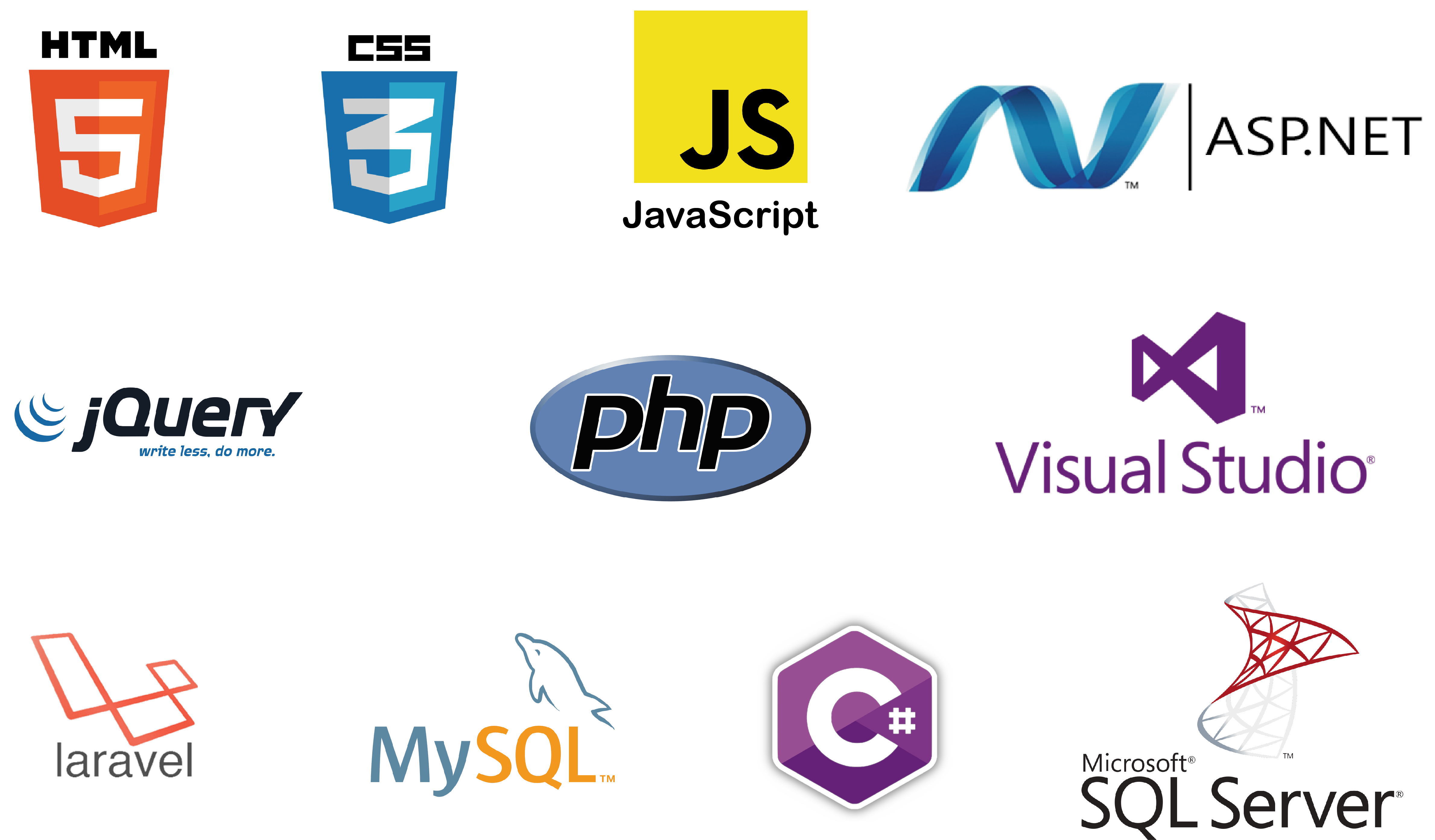 Experiencia en la utilizacion de diferentes tecnologias como html5, css3, javascript, jquery, php, laravel php, mysql, asp.net, visual studio, c sharp y sql server